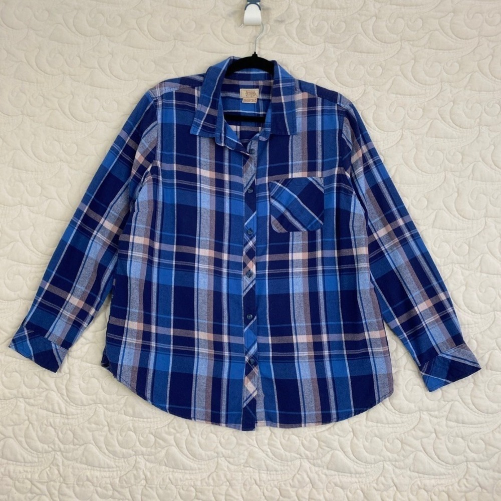 Boston Traders Plaid Flannel Shirt Blue Pink Long Sleeve Button Down Size XL